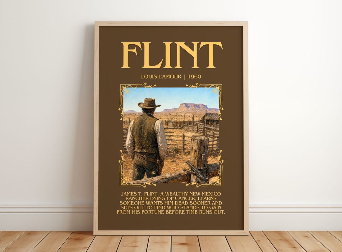 Flint Minimalist Book Poster by Louis L'Amour – framed print leaning on a wooden floor