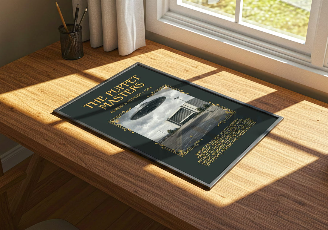 The Puppet Masters Minimalist Book Poster by Robert A. Heinlein – print on a sunlit desk