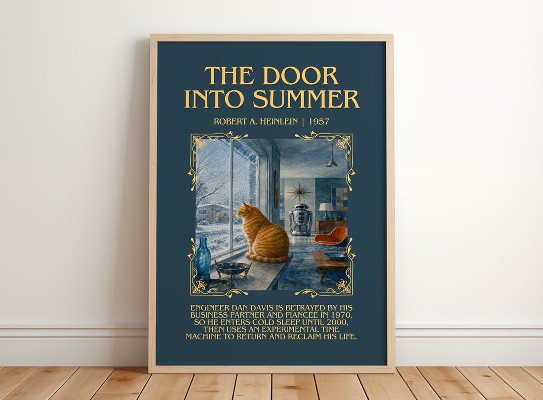 The Door into Summer Minimalist Book Poster by Robert A. Heinlein – framed print leaning on a wooden floor
