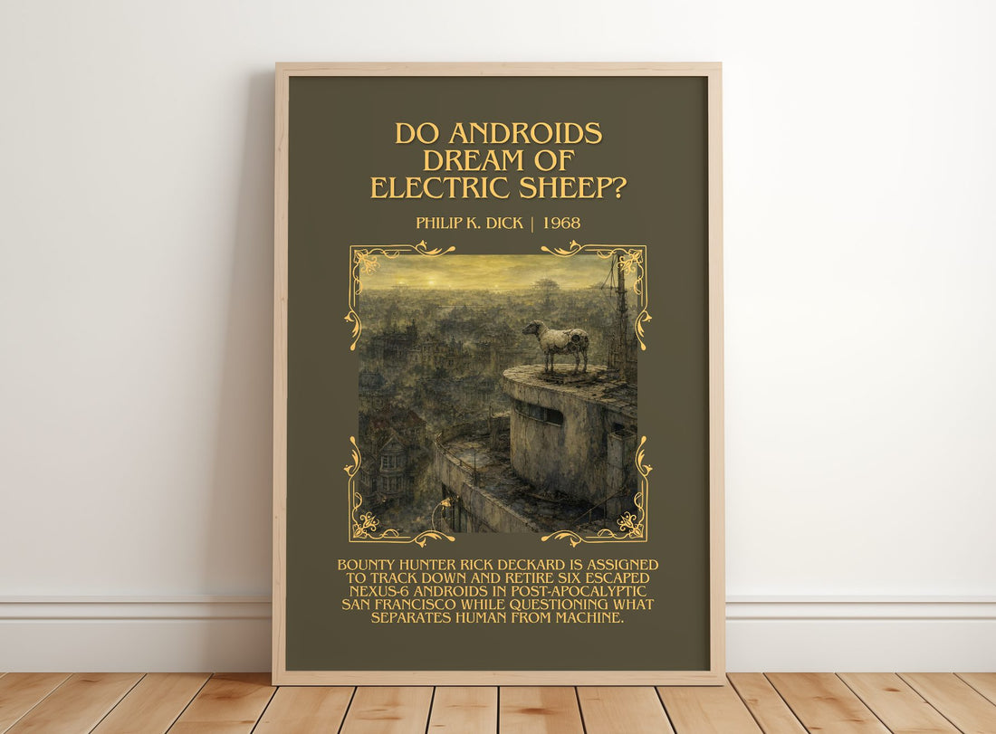 Do Androids Dream of Electric Sheep? Minimalist Book Poster by P. Dick – framed print leaning on a wooden floor