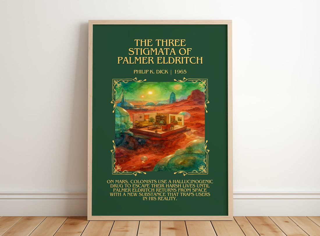Three Stigmata of Palmer Eldritch Minimalist Book Poster by P. Dick – framed print leaning on a wooden floor