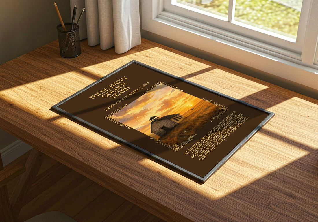 These Happy Golden Years Minimalist Book Poster by L. Wilder – print on a sunlit desk