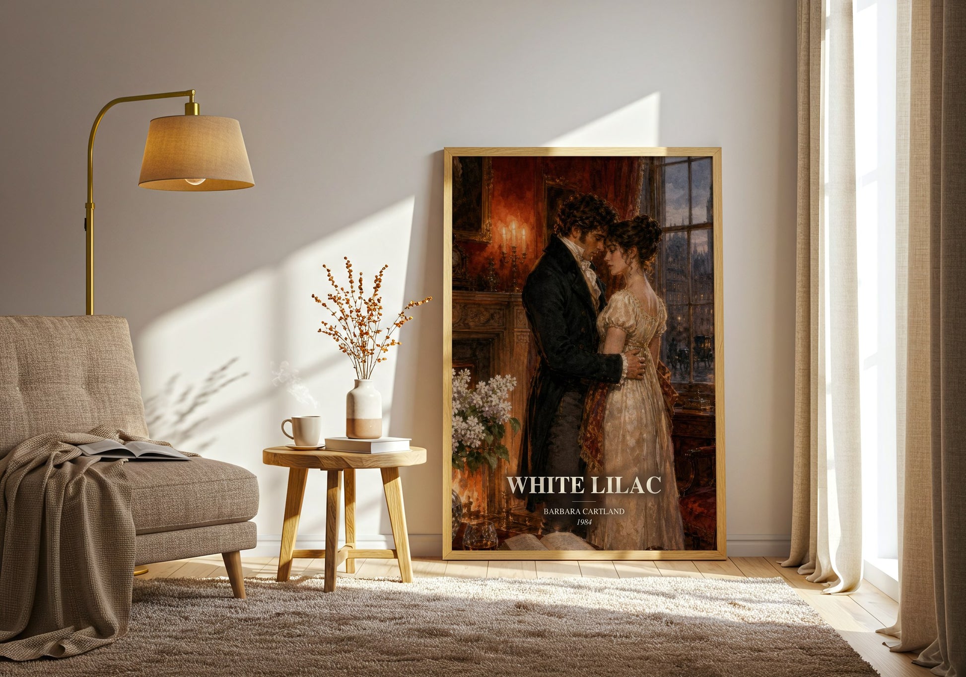 White Lilac watercolour print in frame leaning in hallway – romance wall art