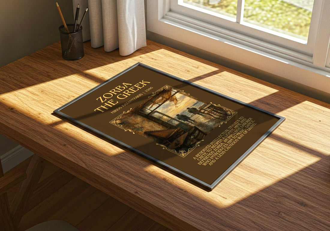 Zorba the Greek Minimalist Book Poster by Nikos Kazantzakis – print on a sunlit desk