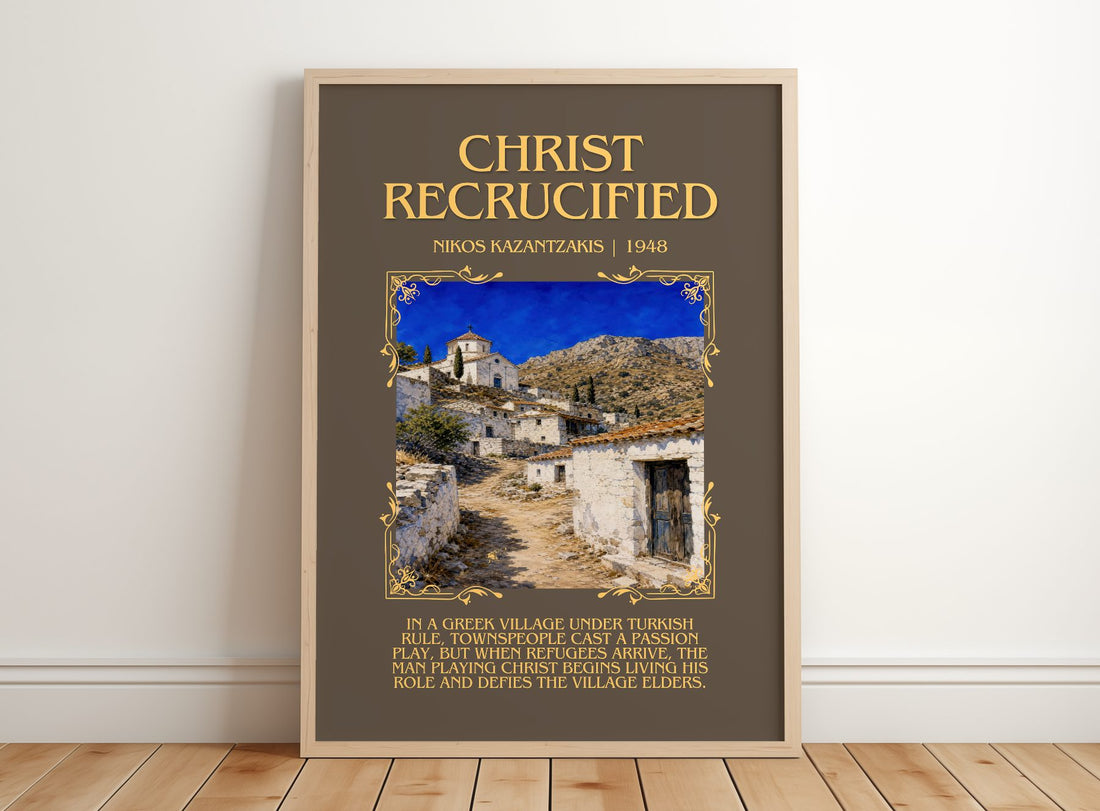 Christ Recrucified Minimalist Book Poster by Nikos Kazantzakis – framed print leaning on a wooden floor