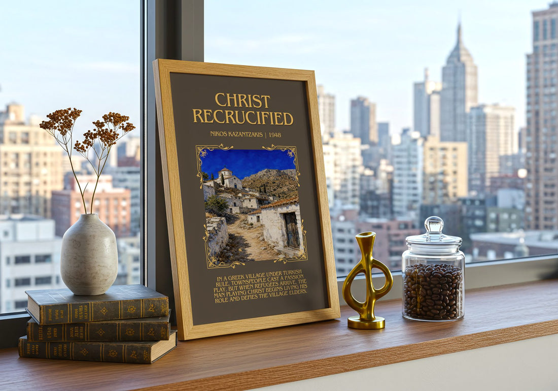 Christ Recrucified Minimalist Book Poster by Nikos Kazantzakis – framed print on a city-view windowsill