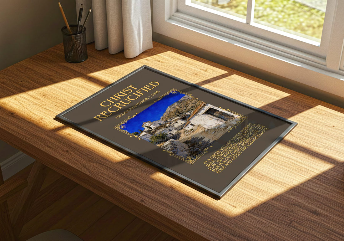 Christ Recrucified Minimalist Book Poster by Nikos Kazantzakis – print on a sunlit desk