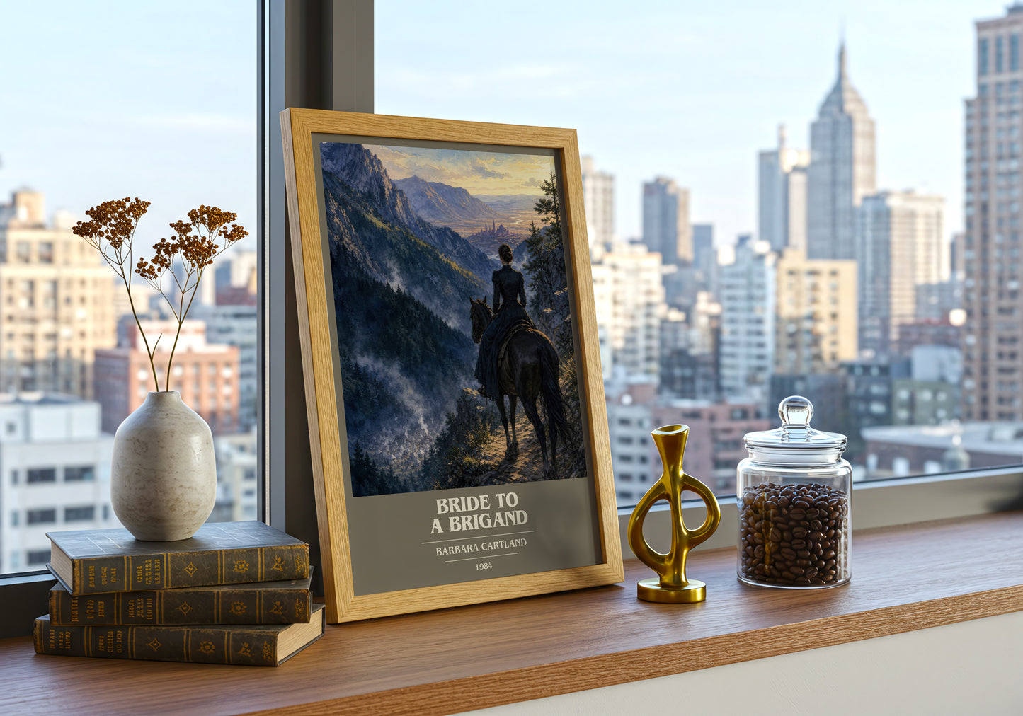 Bride To A Brigand book cover print framed by window – literary home decor