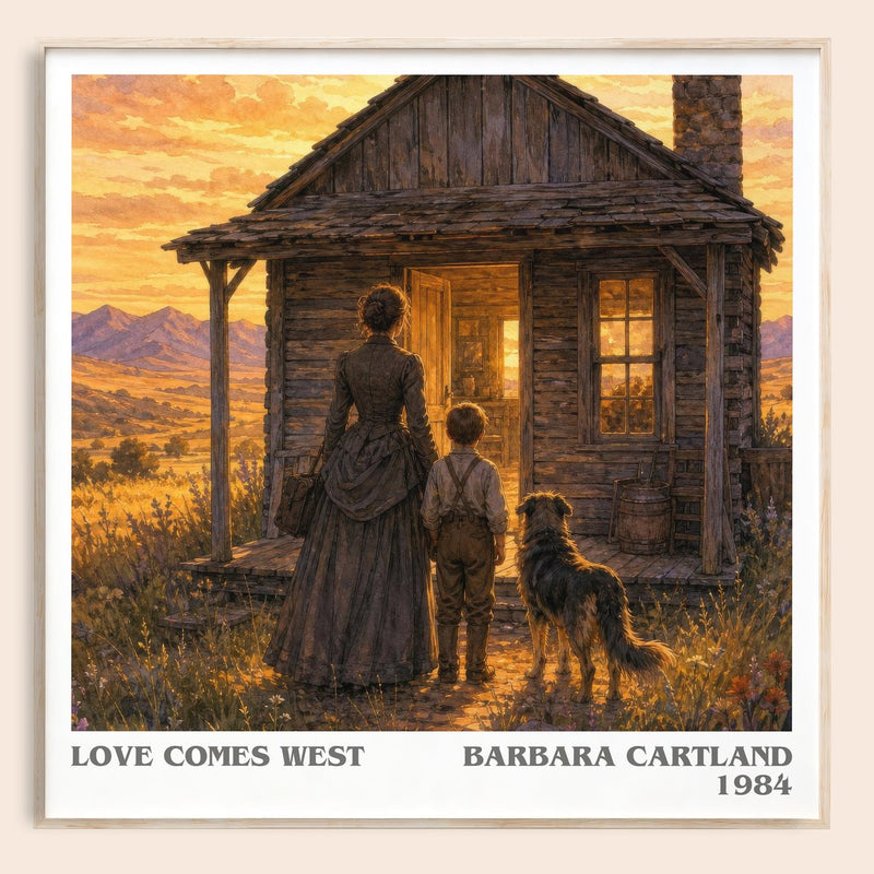 Love Comes West literary book poster by Barbara Cartland – framed literary art print