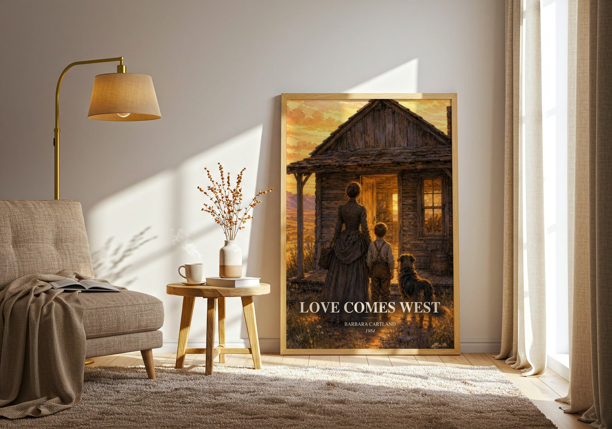 Love Comes West watercolour print in frame leaning in hallway – romance wall art