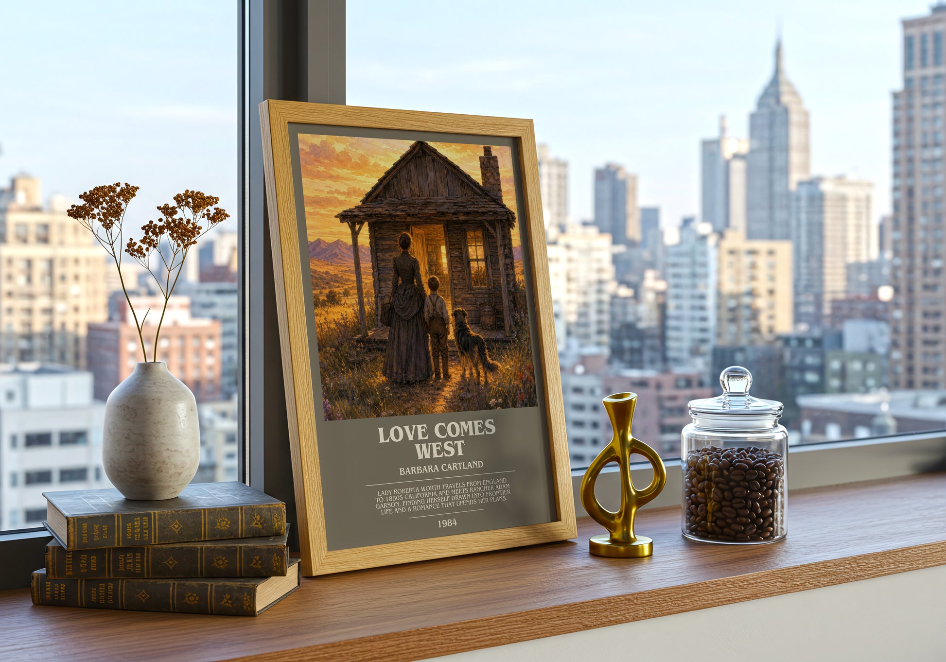 Love Comes West bookish print framed by window – literary home decor