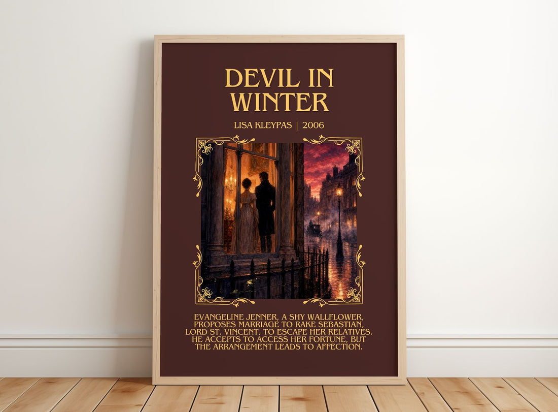Devil in Winter Minimalist Book Poster by Lisa Kleypas – framed print leaning on a wooden floor