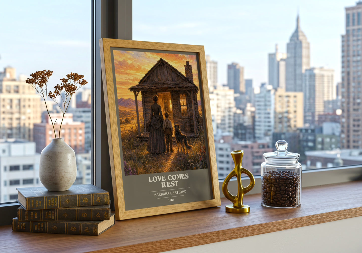 Love Comes West book cover print framed by window – literary home decor