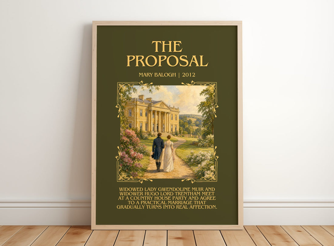 The Proposal Minimalist Book Poster by Mary Balogh – framed print leaning on a wooden floor