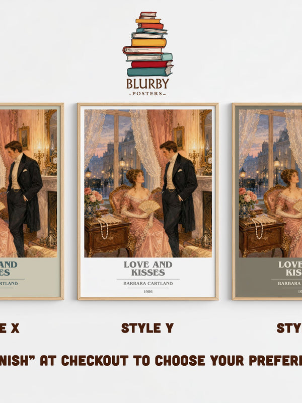 Love And Kisses book cover print in frame leaning in hallway – romance wall art