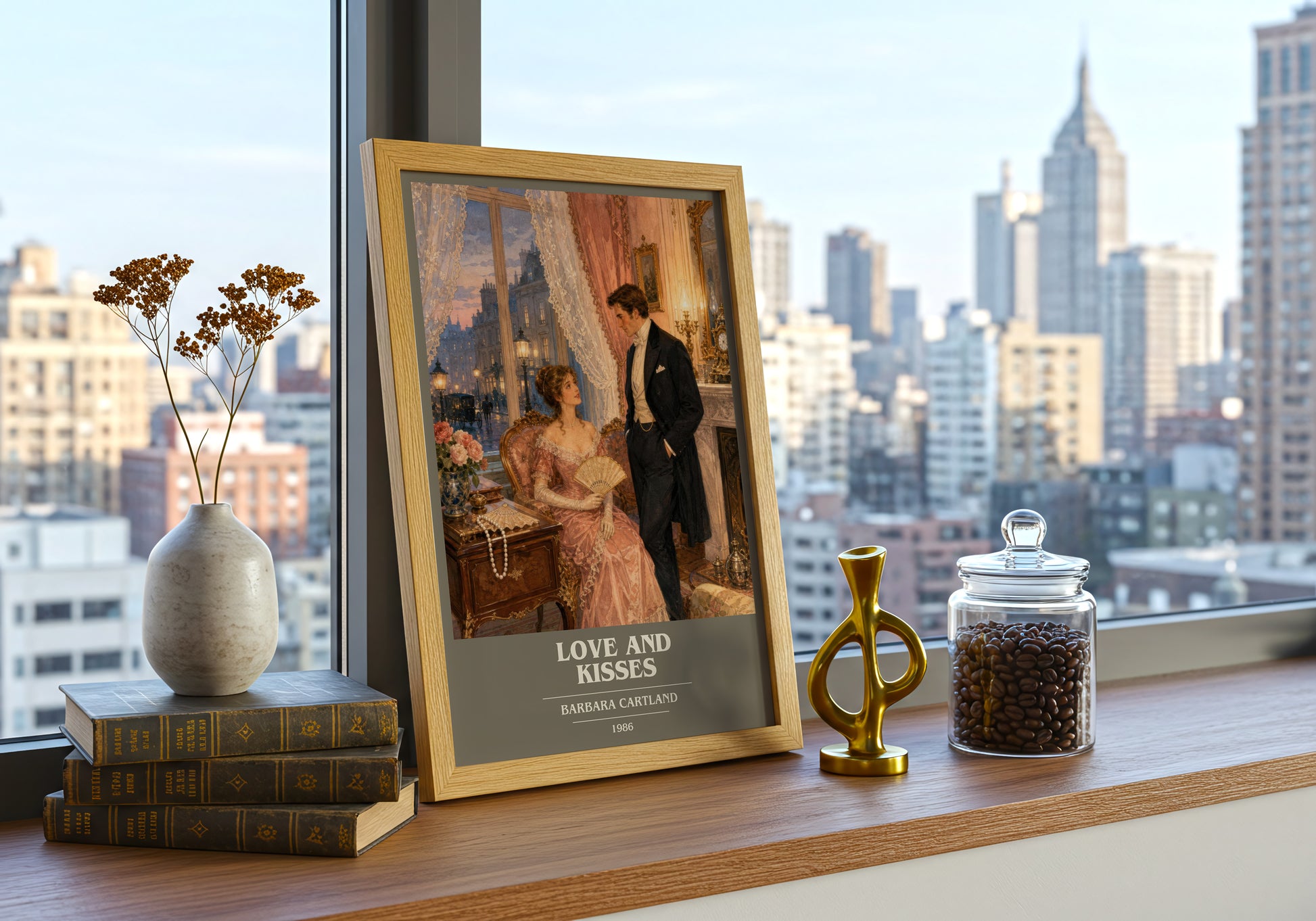 Love And Kisses book cover print framed by window – literary home decor