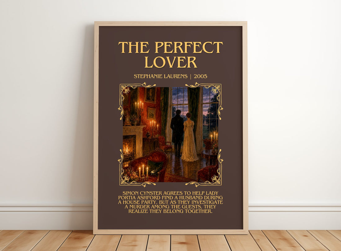 The Perfect Lover Minimalist Book Poster by Stephanie Laurens – framed print leaning on a wooden floor