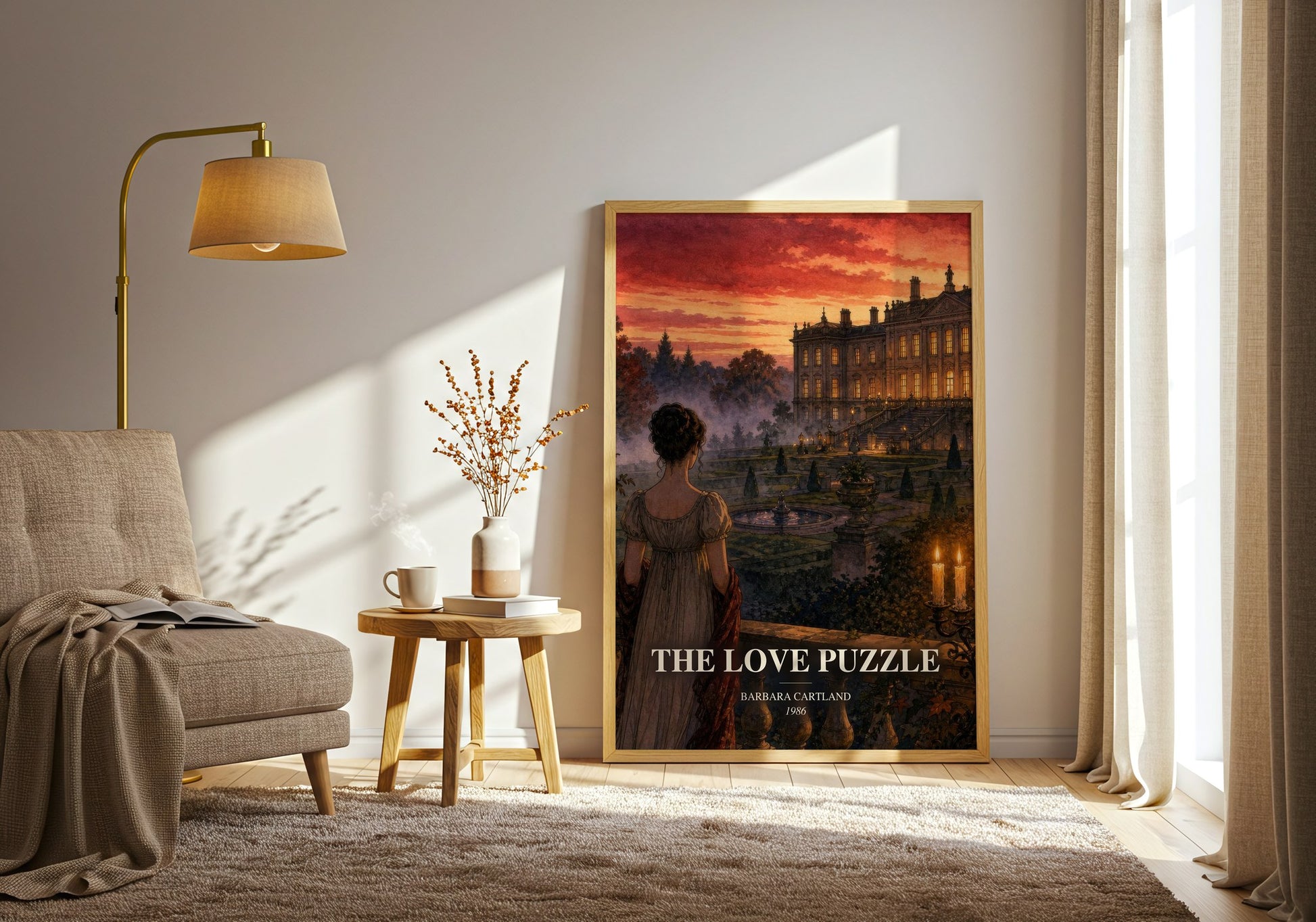 The Love Puzzle watercolour print in frame leaning in hallway – romance wall art