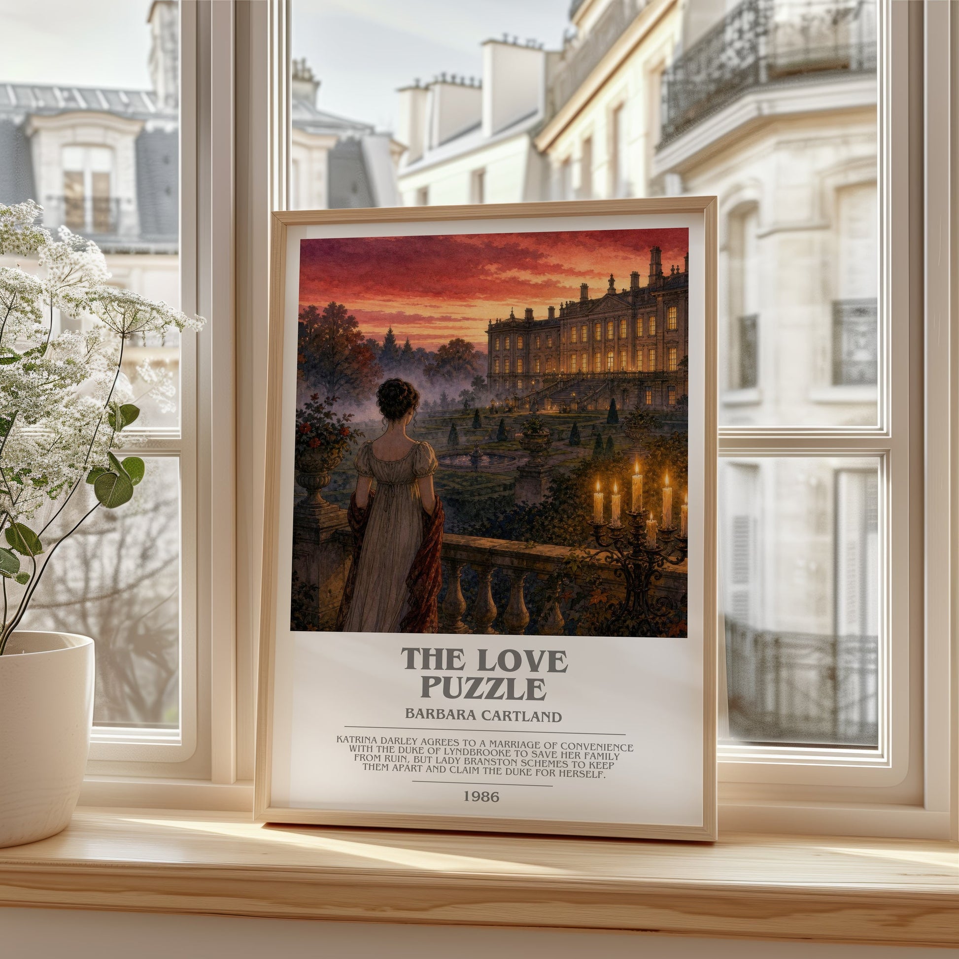 The Love Puzzle bookish poster colour and style options – Barbara Cartland book art