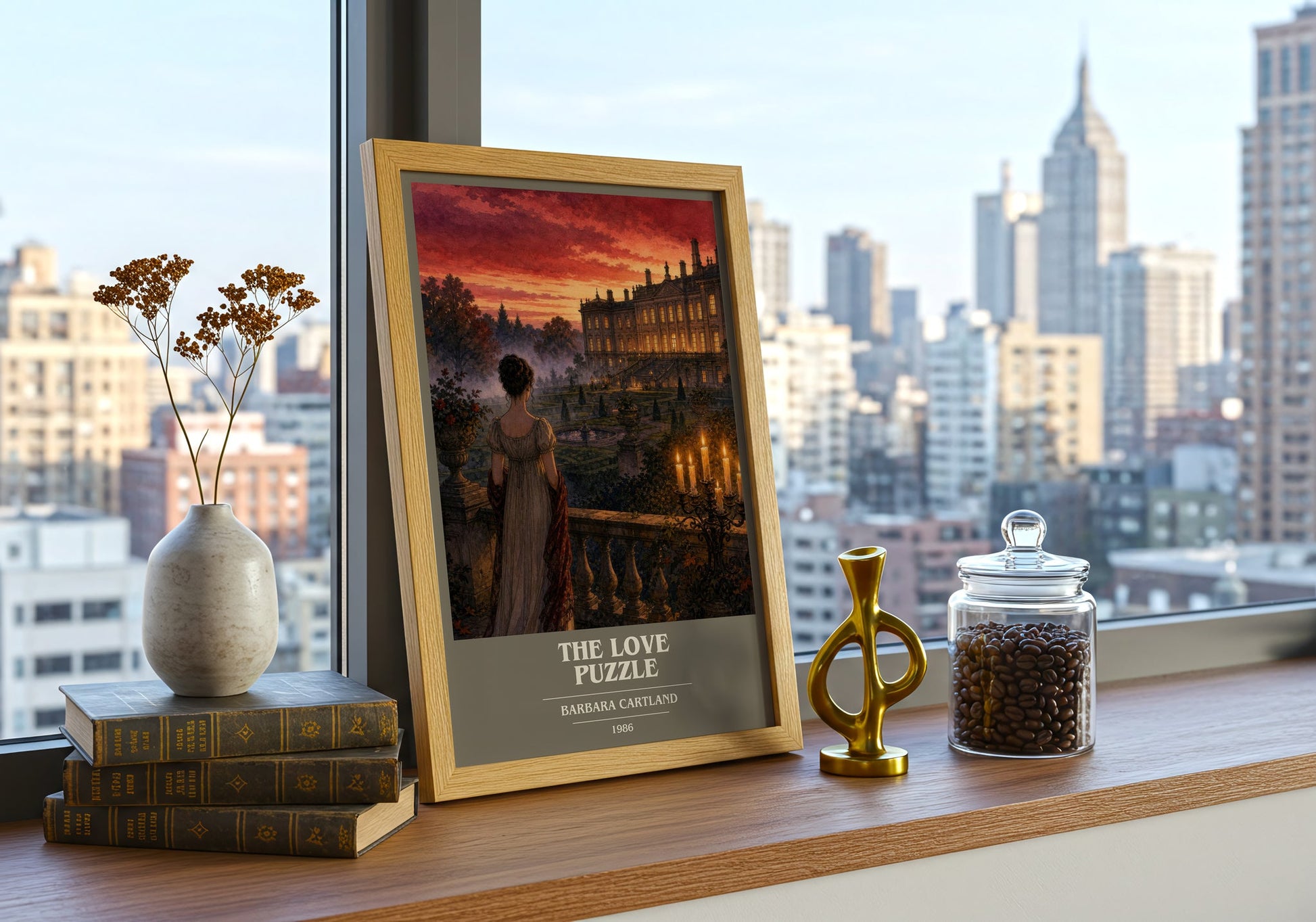 The Love Puzzle book cover print framed by window – literary home decor