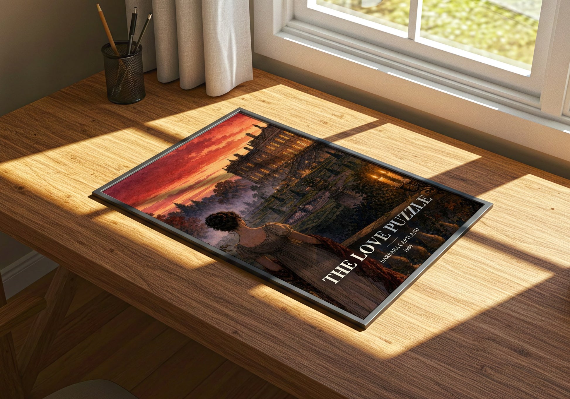 The Love Puzzle watercolour book poster framed on wall – romance wall art