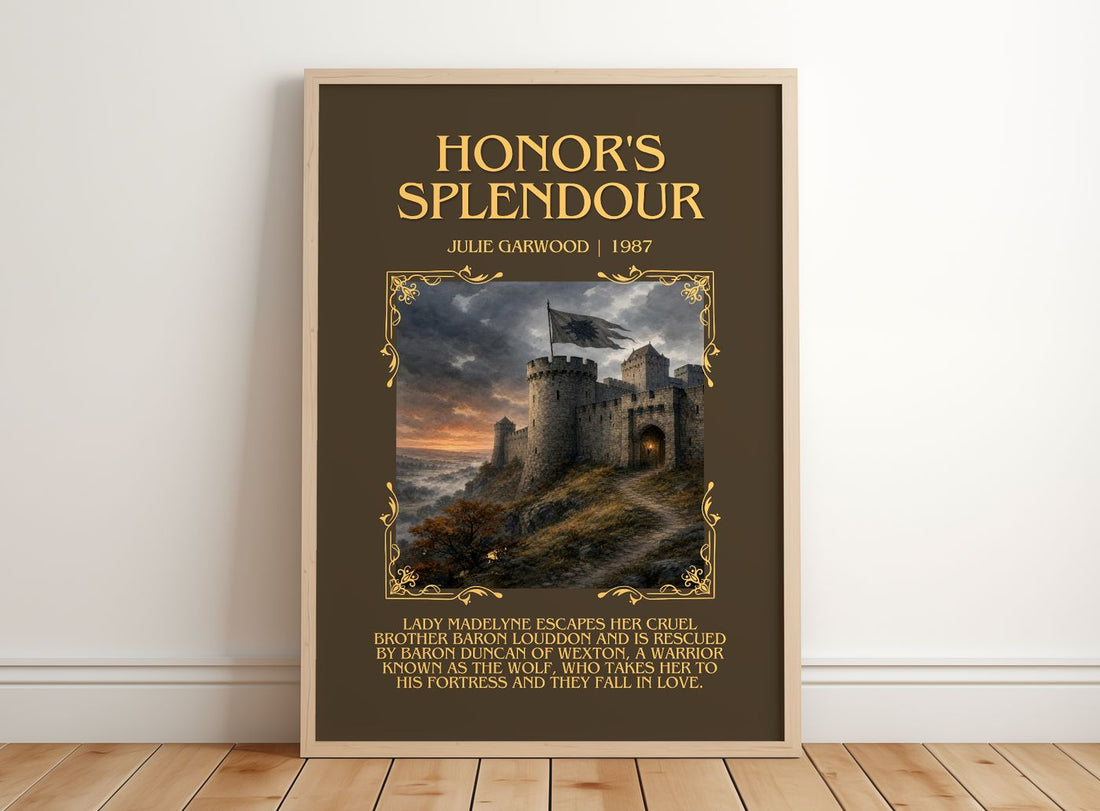 Honor's Splendour Minimalist Book Poster by Julie Garwood – framed print leaning on a wooden floor