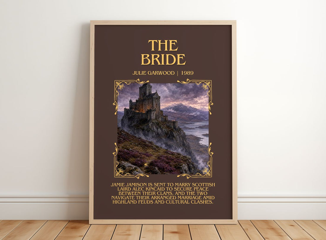 The Bride Minimalist Book Poster by Julie Garwood – framed print leaning on a wooden floor