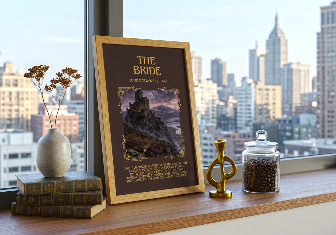 The Bride Minimalist Book Poster by Julie Garwood – framed print on a city-view windowsill