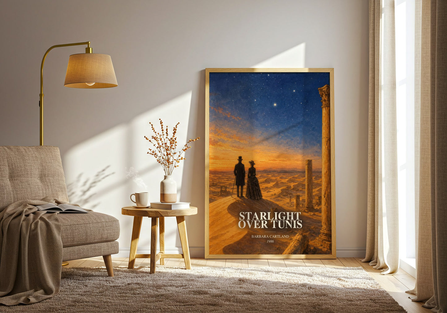 Starlight Over Tunis watercolour print in frame leaning in hallway – romance wall art