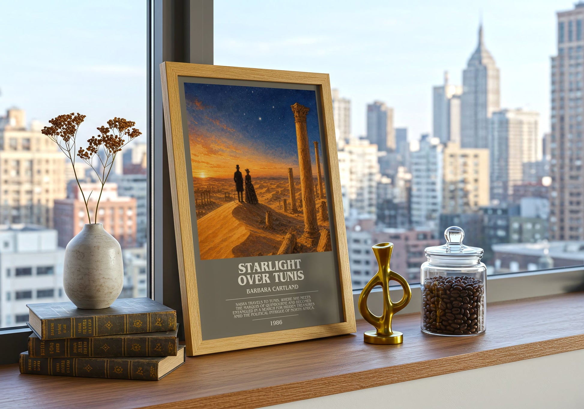 Starlight Over Tunis bookish print framed by window – literary home decor