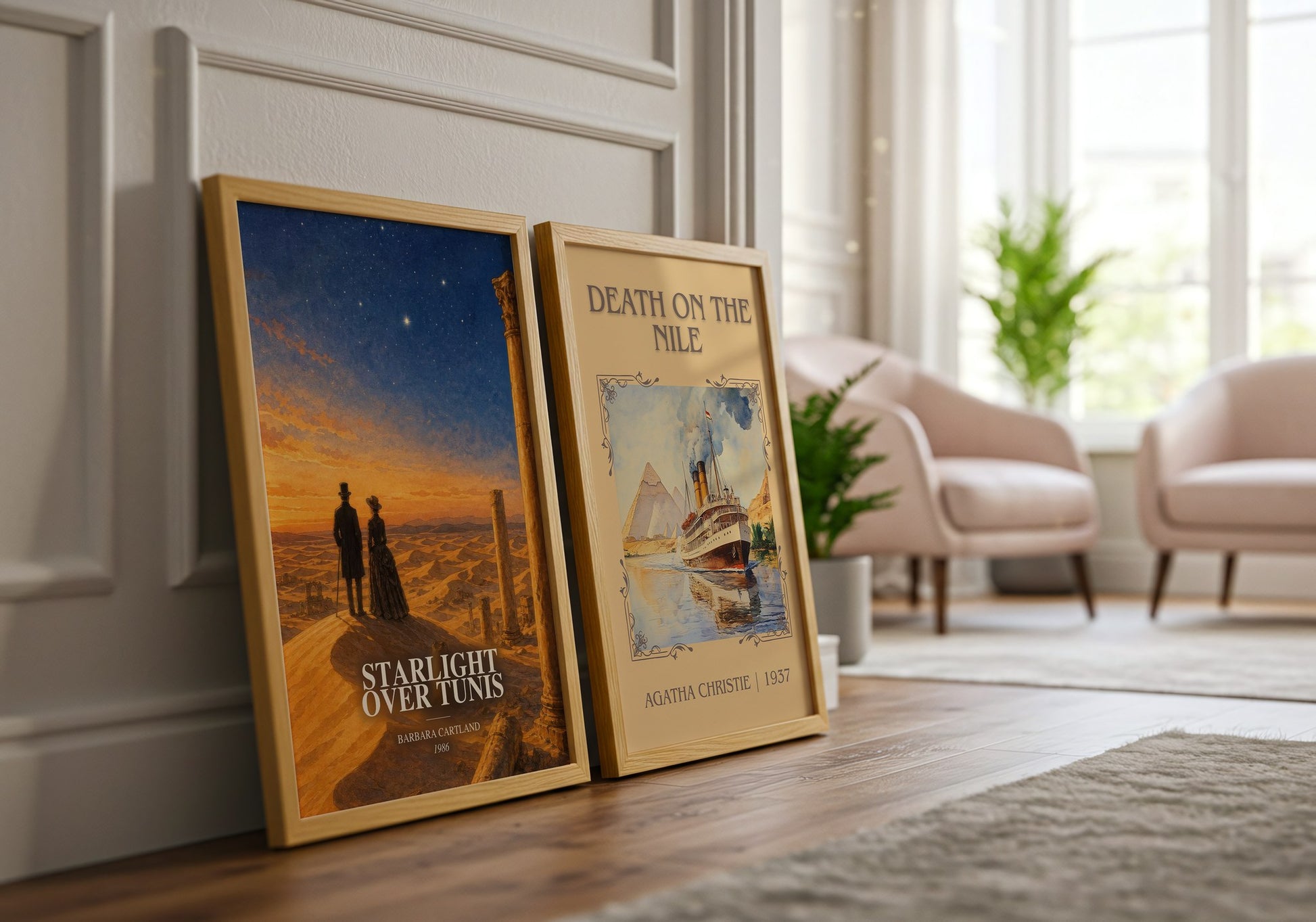 Starlight Over Tunis watercolour print framed by window – literary home decor