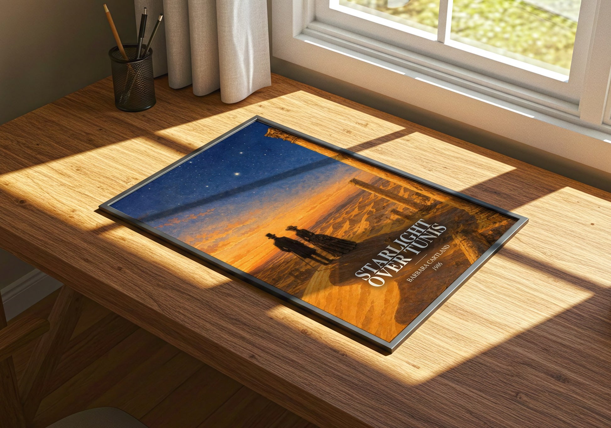 Starlight Over Tunis watercolour book poster framed on wall – romance wall art