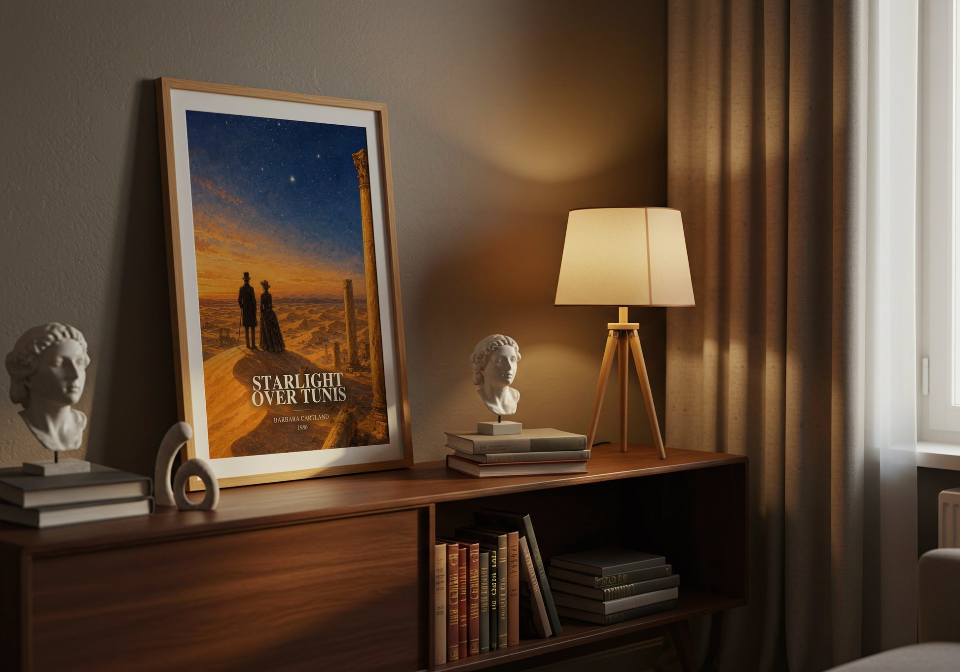 Starlight Over Tunis watercolour print on bookshelf – Barbara Cartland fan gift