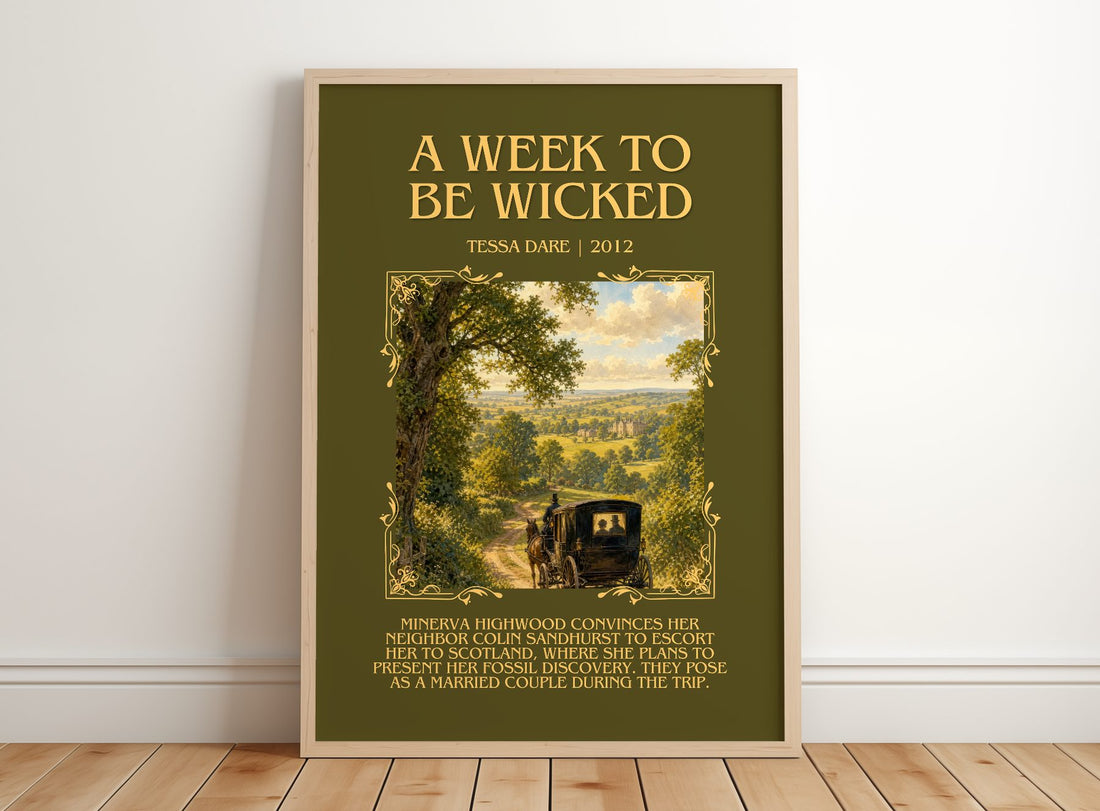A Week to Be Wicked Minimalist Book Poster by Tessa Dare – framed print leaning on a wooden floor