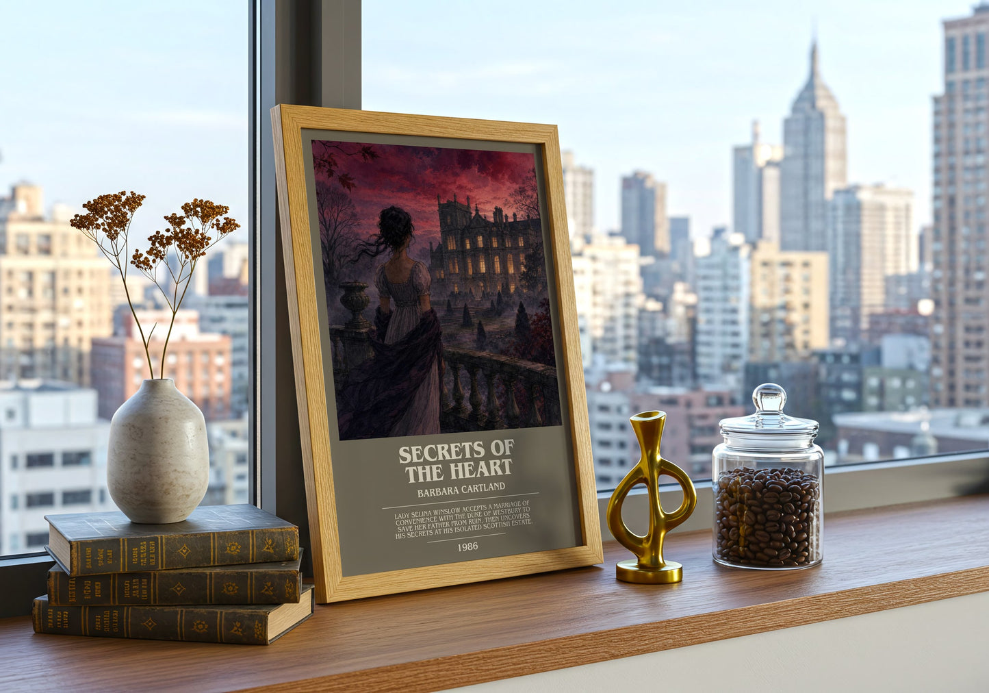 Secrets Of The Heart bookish print framed by window – literary home decor