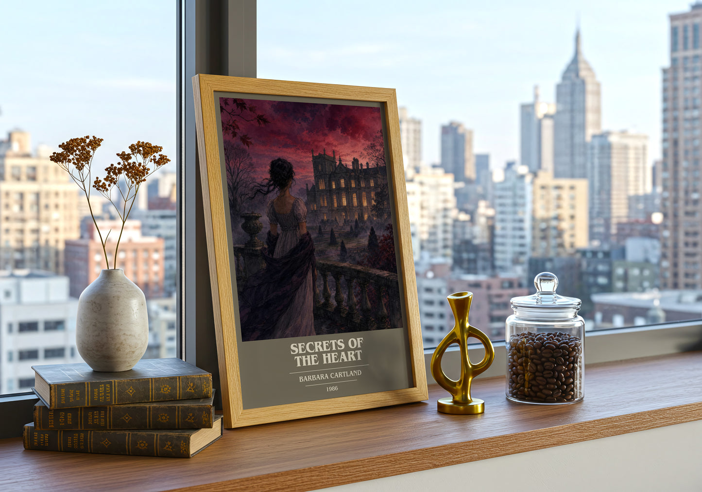 Secrets Of The Heart book cover print framed by window – literary home decor