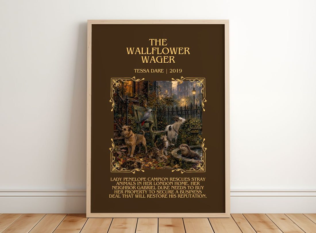 The Wallflower Wager Minimalist Book Poster by Tessa Dare – framed print leaning on a wooden floor