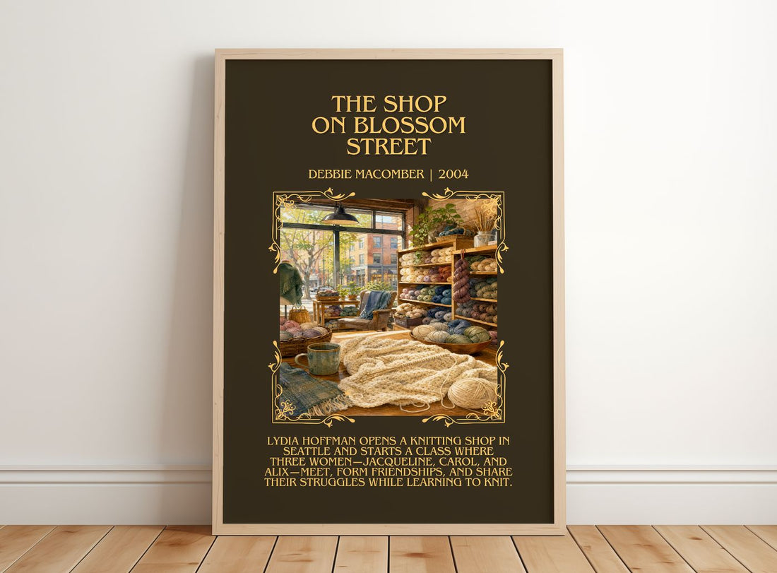The Shop on Blossom Street Minimalist Book Poster by Debbie Macomber – framed print leaning on a wooden floor