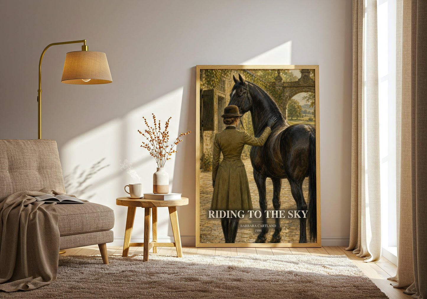 Riding To The Sky watercolour print in frame leaning in hallway – romance wall art