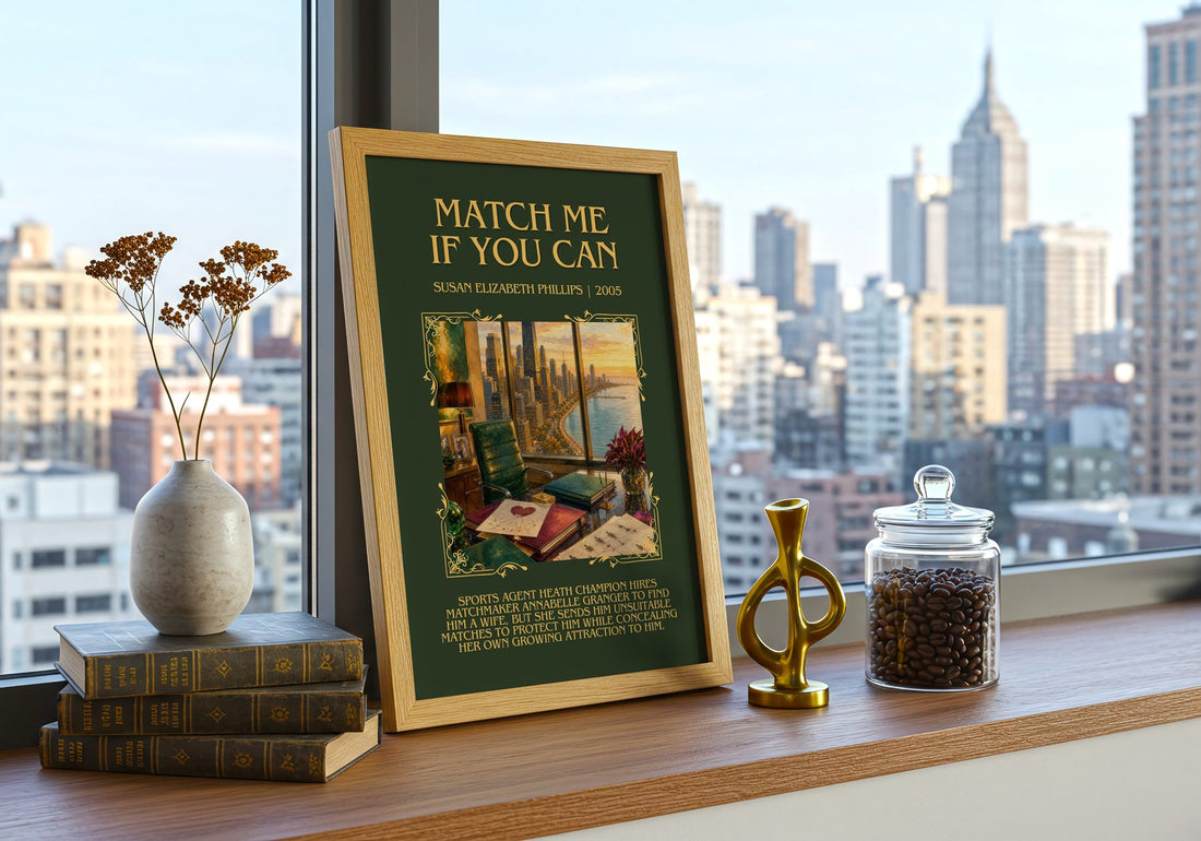 Match Me If You Can Minimalist Book Poster by Susan Elizabeth Phillips – framed print on a city-view windowsill