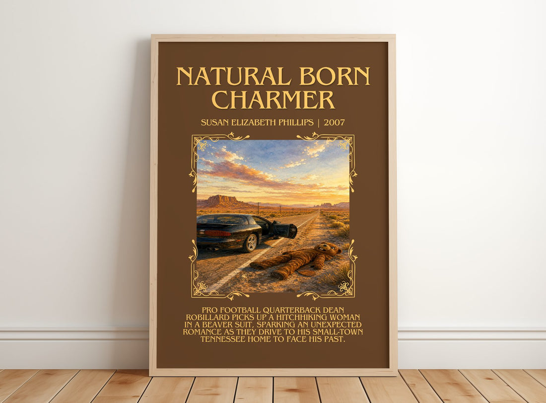 Natural Born Charmer Minimalist Book Poster by S. Phillips – framed print leaning on a wooden floor