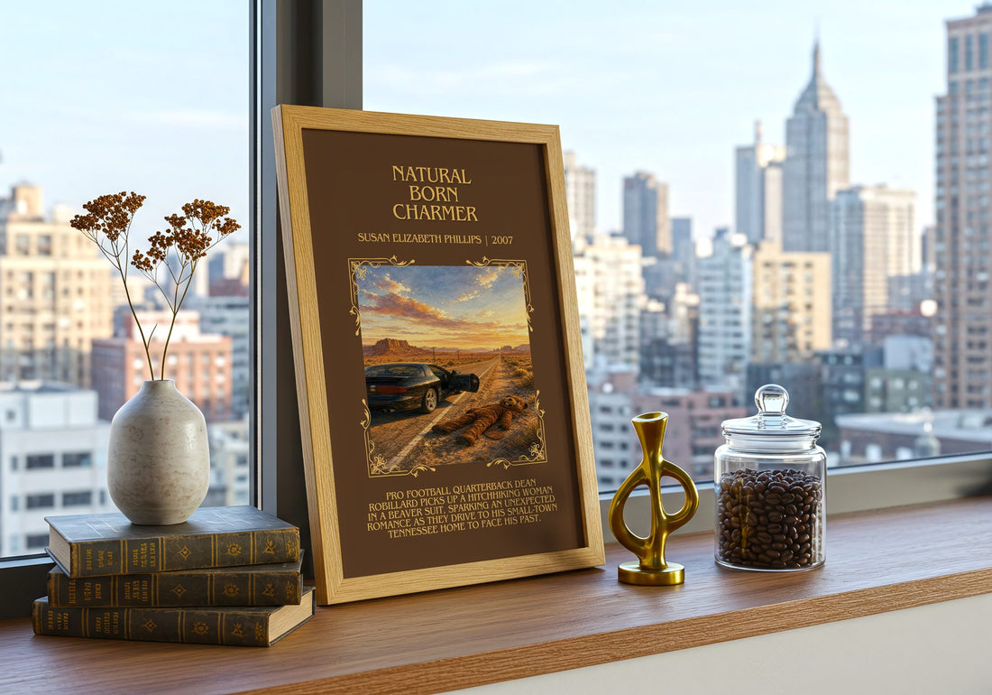 Natural Born Charmer Minimalist Book Poster by S. Phillips – framed print on a city-view windowsill