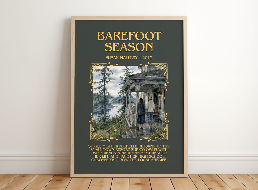 Barefoot Season Minimalist Book Poster by Susan Mallery – framed print leaning on a wooden floor