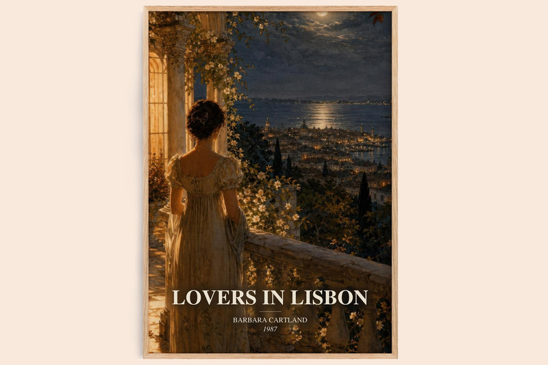 Lovers In Lisbon watercolour book poster by Barbara Cartland – framed literary art print