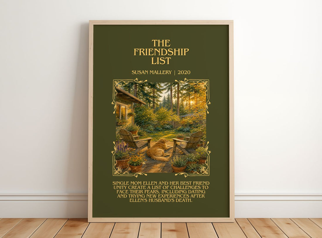 The Friendship List Minimalist Book Poster by Susan Mallery – framed print leaning on a wooden floor