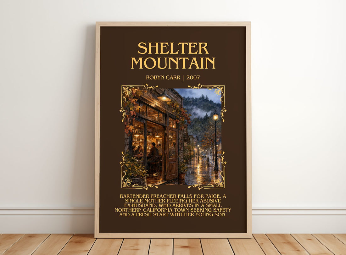 Shelter Mountain Minimalist Book Poster by Robyn Carr – framed print leaning on a wooden floor