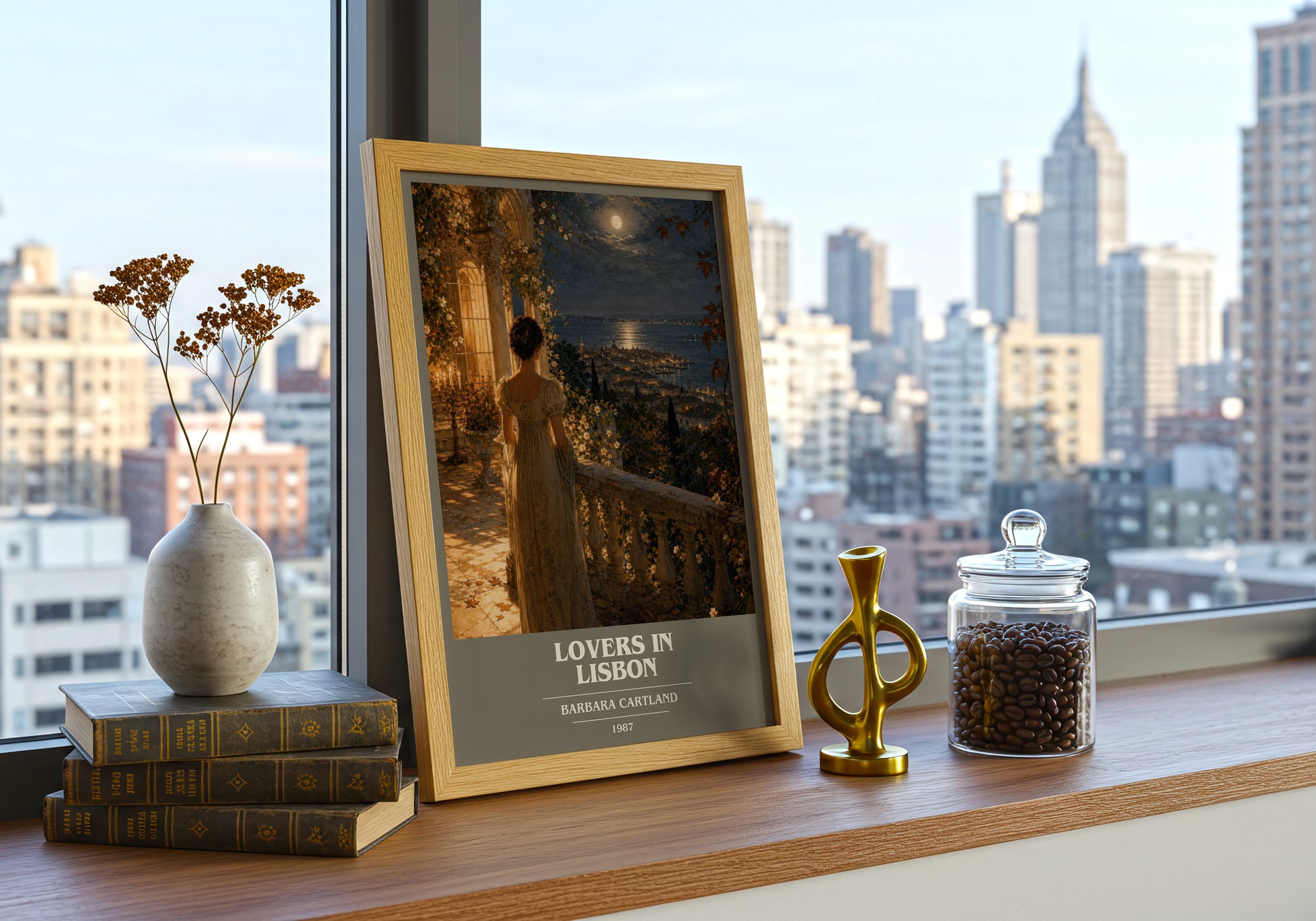Lovers In Lisbon book cover print framed by window – literary home decor