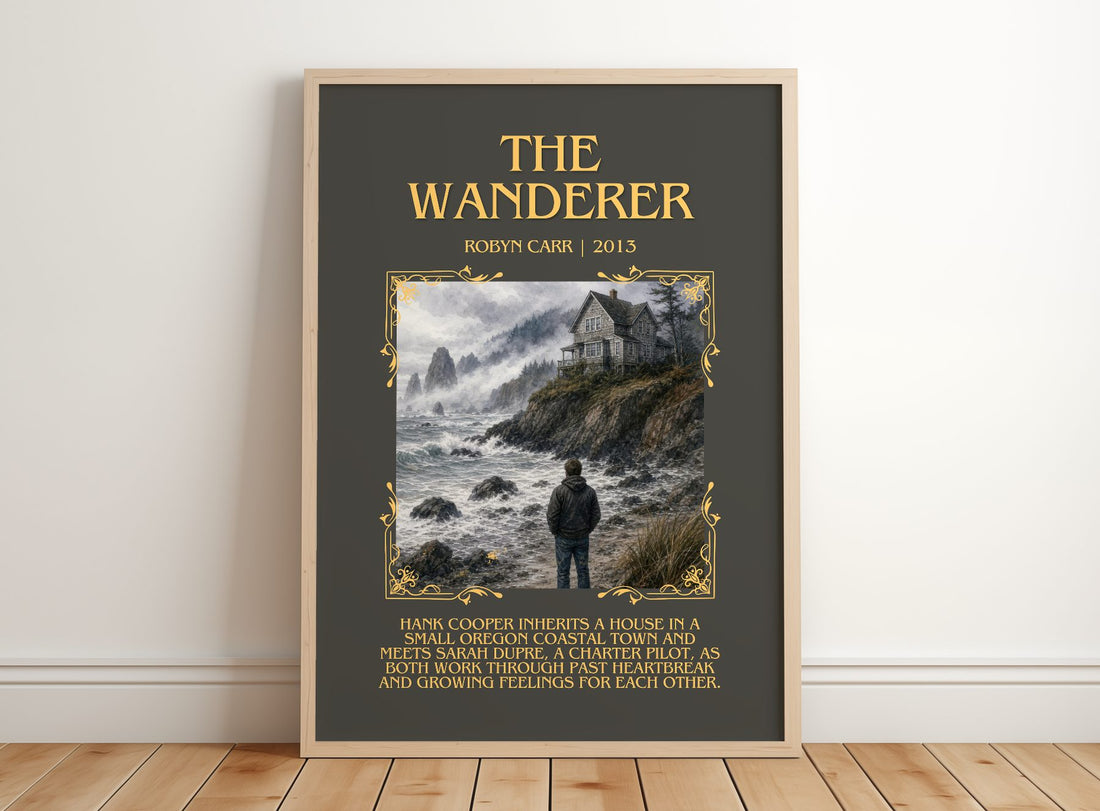 The Wanderer Minimalist Book Poster by Robyn Carr – framed print leaning on a wooden floor