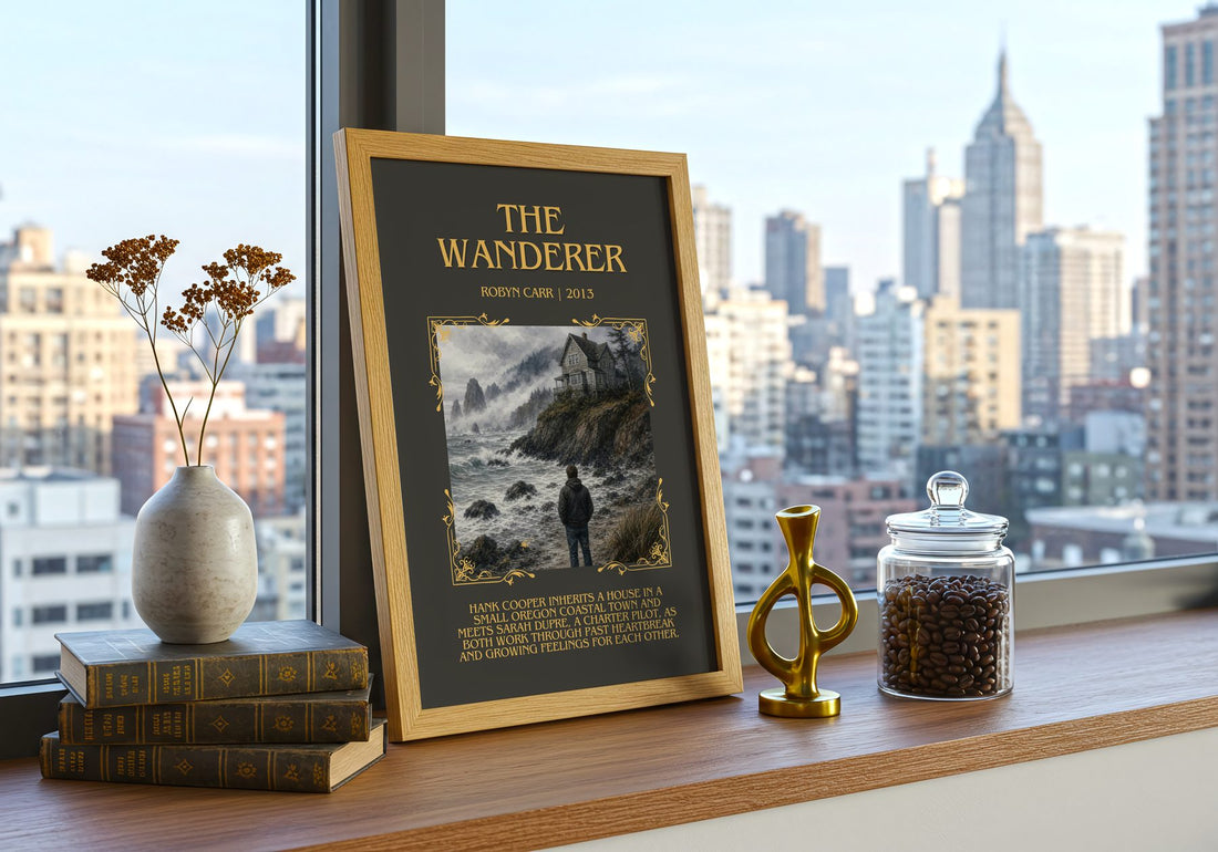The Wanderer Minimalist Book Poster by Robyn Carr – framed print on a city-view windowsill