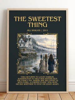 The Sweetest Thing Minimalist Book Poster by Jill Shalvis – framed print leaning on a wooden floor